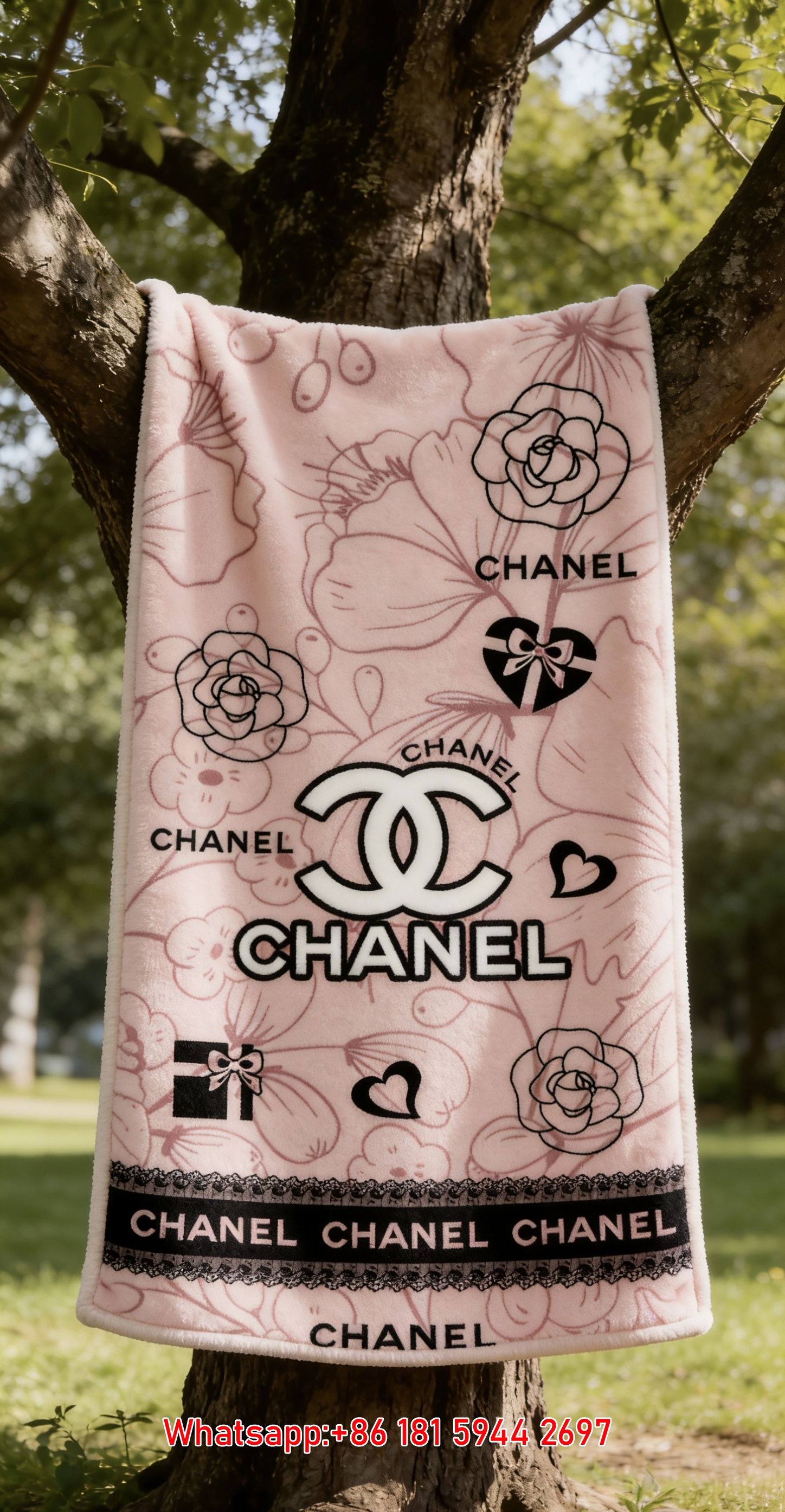 Romantic Blush Pink Camellia Chanel Double C Logo Flannel Sofa Throw Blanket IMG_6987